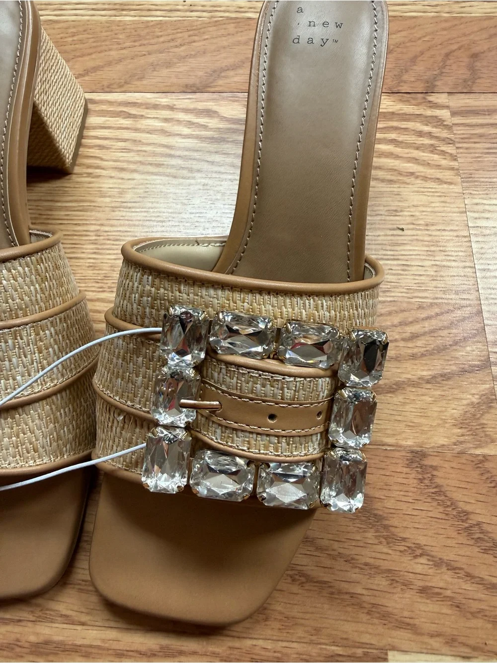 NWT A New Day Tan Raffia Rhinestone Buckle Block Heel Mules Size 10